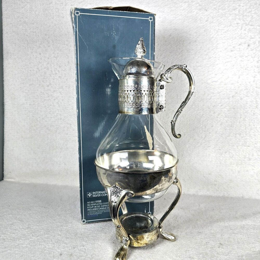 Vintage Silver Plated Glass 8 Cup Coffee Carafe Pot Warmer Stand For Candle